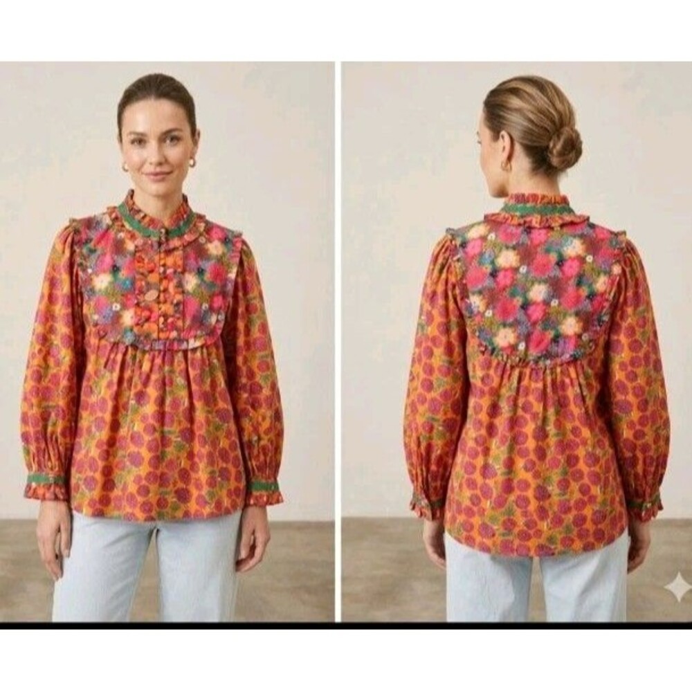 Emily Lovelock Blouse Size XL 10-12 Floral Ruffle Trim Floral Lace Trim Button